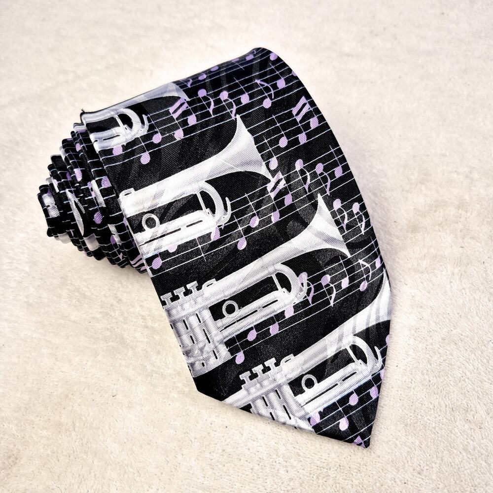 Fratello Elegant Black & Purple Hand Made Trumpet Music Notes Necktie Tie 57 In